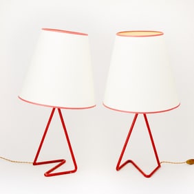 Pair of Jean Royere Style Red Painted Metal "Flic Flac" Lamps