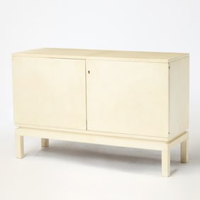 Mid-Century Two-Drawer Parchment Wrapped Mahogany Sideboard