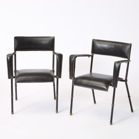 Pair of Saddle Stitched Leather, Brass and Steel Open Armchairs, Attributed to Jacques Adnet