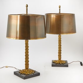 Pair of Maison Charles Gilt-Metal "Palme" Table Lamps with Gilt-Metal Shades