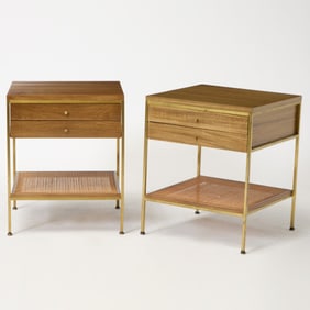 Pair of Paul McCobb Irwin Collection Walnut, Brass and Caned "Model 8714" Nightstands