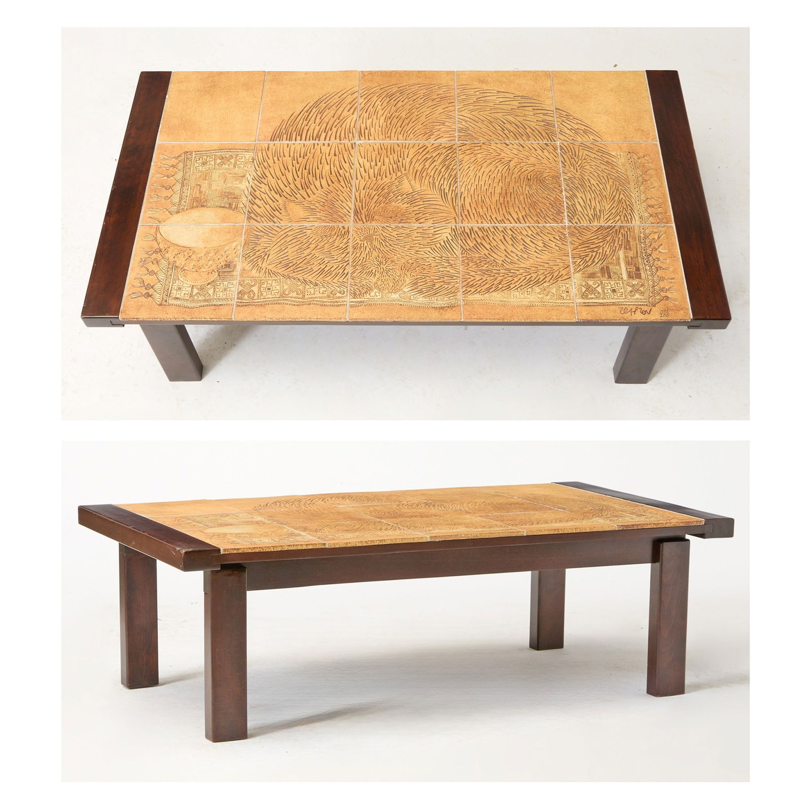 Roger Capron Stained Oak and Glazed Ceramic Coffee Table: Number 052 from an edition of 200, 1970s Rectangular, the tiles depicting a tapestry design. Height 16 inches, length 51 inches, depth 26 3/4 inches.