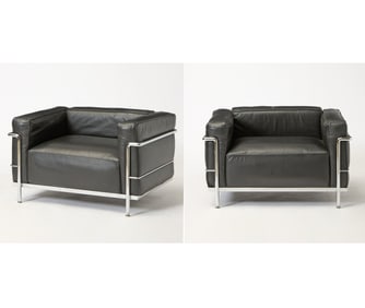 Pair of Le Corbusier for Cassina Steel and Leather Upholstered "LC3" Petite Sofas