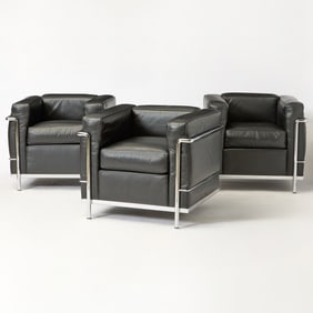 Three Le Corbusier Style Steel and Leather Upholstered "LC2" Armchairs