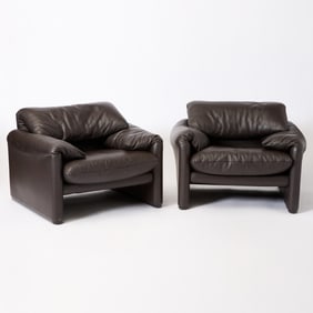 Pair of Vico Magistretti for Cassina Leather Upholstered “Maralunga?? Armchairs