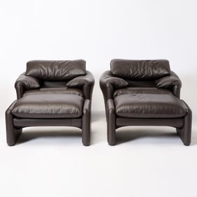 Pair of Vico Magistretti for Cassina Leather Upholstered “Maralunga?? Armchairs and Ottomans