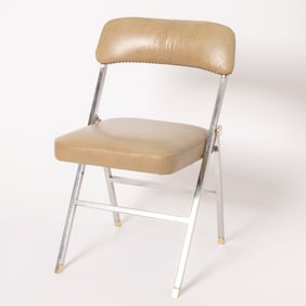 Karl Springer Polished Chromed Metal, Gilt-Metal, and Ostrich Print Naugahyde Folding Accent Chair