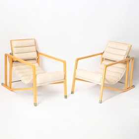 Pair of Eileen Gray Style Canvas and Blondewood “Transat?? Lounge Chairs Late 20th century