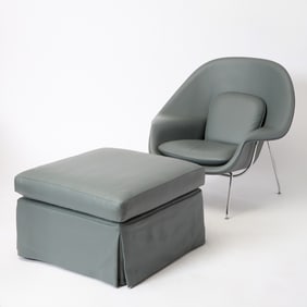 Eero Saarinen for Knoll Leather Upholstered “Womb?? Chair and Cube-Form Ottoman Upholstered en