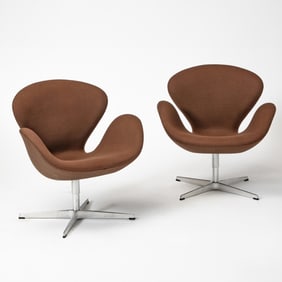 Pair of Arne Jacobsen for Fritz Hansen Aluminum and Upholstered “Model 3320 Swan?? Armchairs