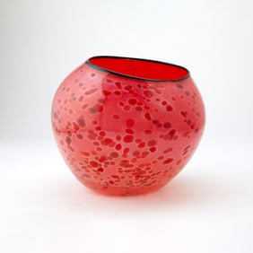 Dale Chihuly Blown Glass Red Basket with Black Lip Wrap