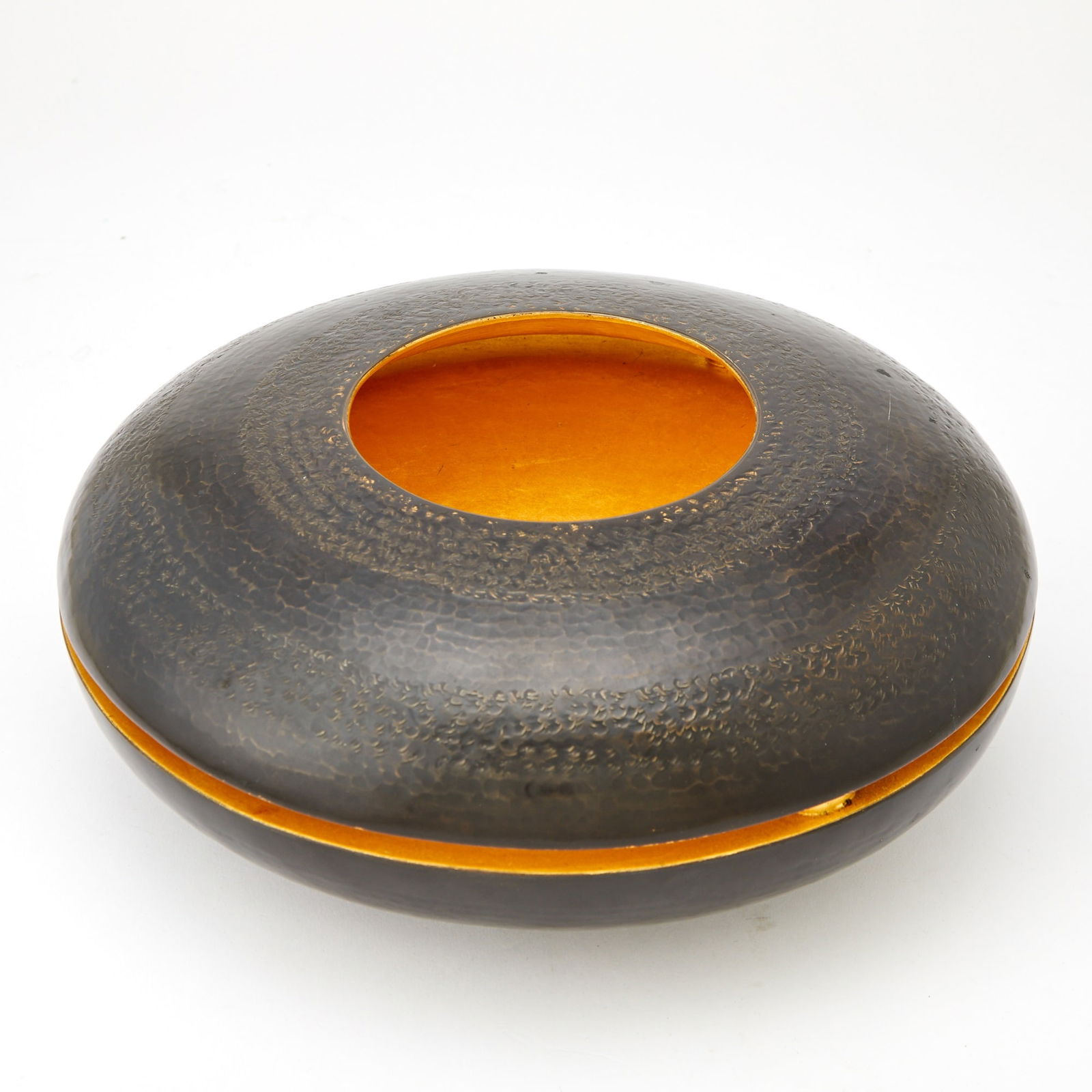 Herve Wahlen Gilt and Patinated Copper Sculptural Centerpiece Vessel: 1995 Signed WAHLEN and dated. Height 5 inches, diameter 13 inches. gene