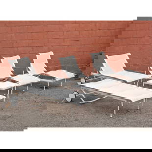 Group of Richard Schultz White Metal Outdoor Furniture: Late 20th century Comprising pair of lounges, height of back 31 inches, length 54 inches, depth 22 inches; two adjustable lounges; and a small low table, height 15 1/4 inches, 18 inches, square.