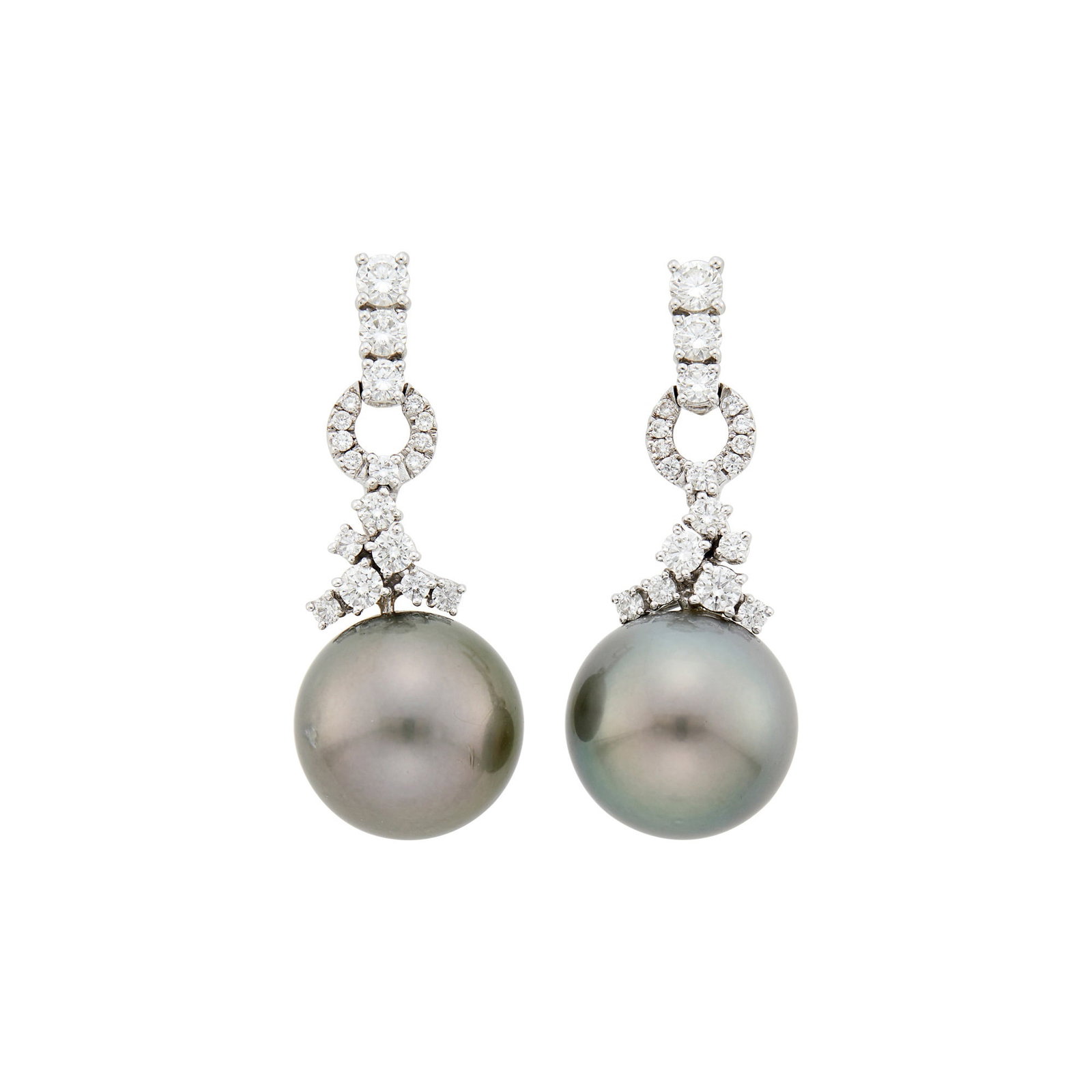 Pair of White Gold, Diamond and Tahitian Gray Cultured Pearl Pendant-Earrings: 18 kt., 38 round diamonds weighing 1.91 cts., weight inscribed, 2 pearls ap. 16.3 mm. Diamonds: H-I-VS-SI. Pearls: medium to medium deep gray with greenish overtones, one pearl with severa