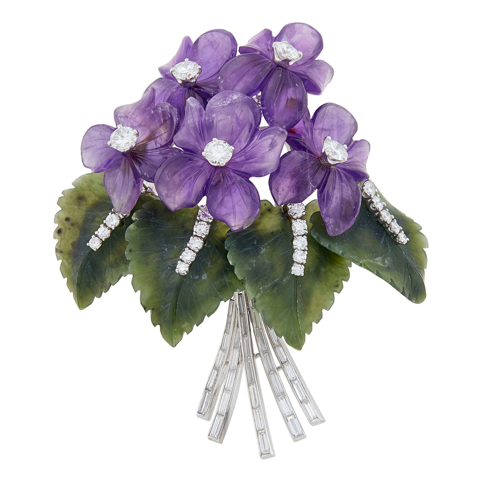 Platinum, Carved Amethyst and Nephrite and Diamond Bouquet Clip-Brooch (1 of 3)