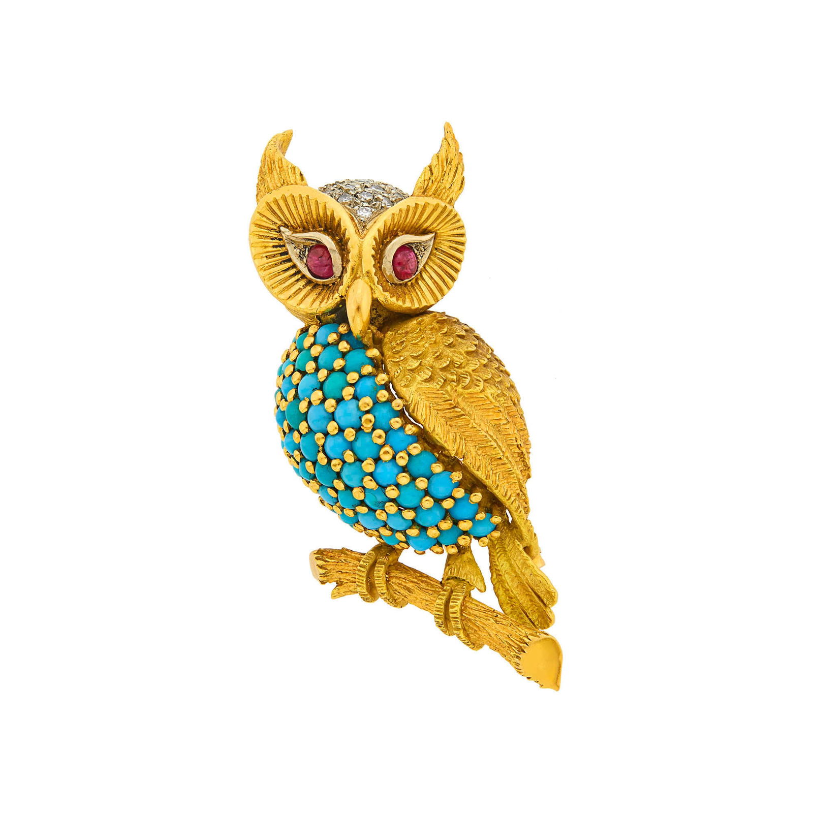 Two-Color Gold, Turquoise, Cabochon Ruby and Diamond Owl Clip-Brooch, France (1 of 2)