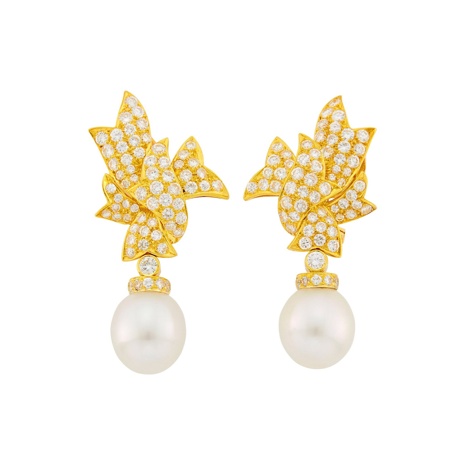 Pair of Gold, Diamond and South Sea Cultured Pearl Pendant-Earclips: 18 kt., 130 round diamonds ap. 4.00 cts., 2 oval pearls ap. 13.2 x 12.0 and 12.6 x 12.2 mm., ap. 13.4 dwts. Diamonds: H-I-VS, several SI. Pearls: white with green and faint rose orient, cle