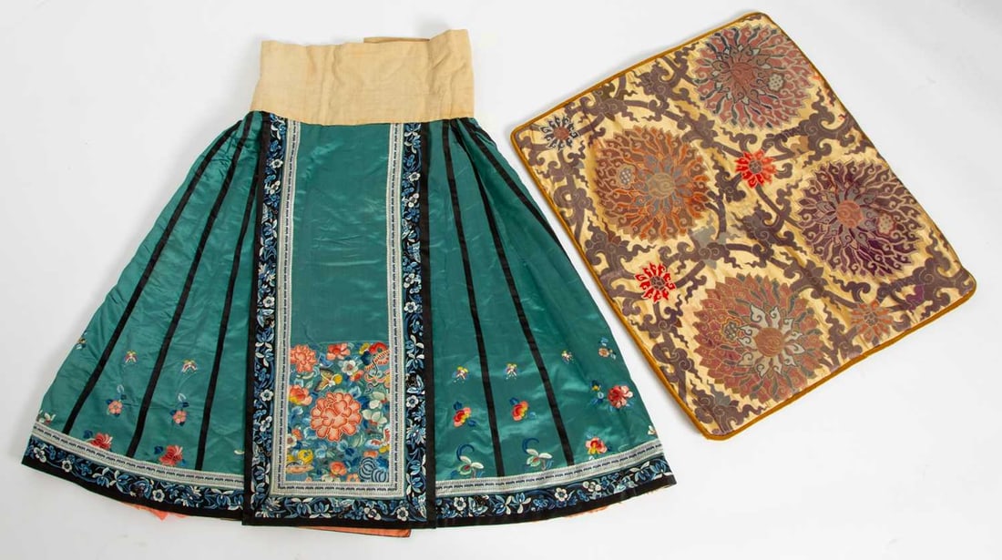 A Chinese Embroidered Silk Winter Skirt and Brocade Pillow Cover Qing Dynasty (1 of 2)