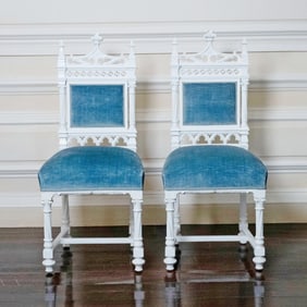 Pair of Gothic Style White Painted Side Chairs With Blue Velvet Upholstery