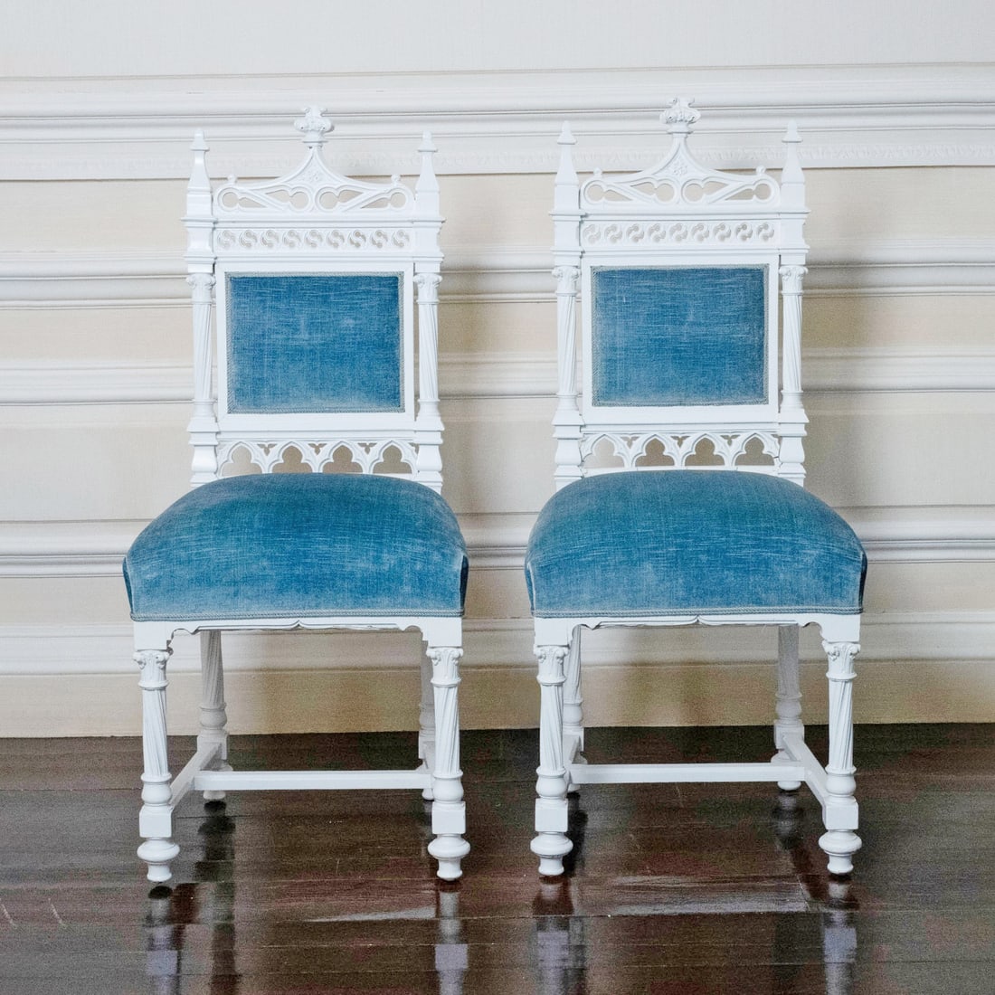 Pair of Gothic Style White Painted Side Chairs With Blue Velvet Upholstery (1 of 9)
