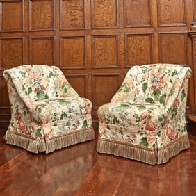 Pair of Floral Upholstered Tufted Club Chairs