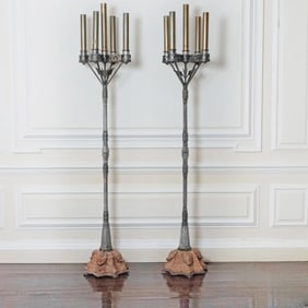 Pair of Gothic Style Patinated Bronze and Sienna Marble Five-Light Torcheres