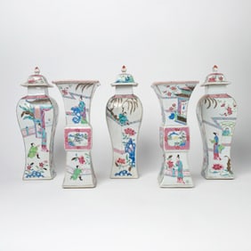 Chinese Five-Piece Enameled Porcelain Garniture