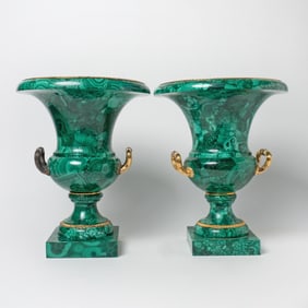 Pair of Continental Neoclassical Malachite and Gilt Metal Urns