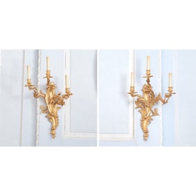 Set of Six Louis XV Style Gilt-Bronze Three-Light Wall Sconces