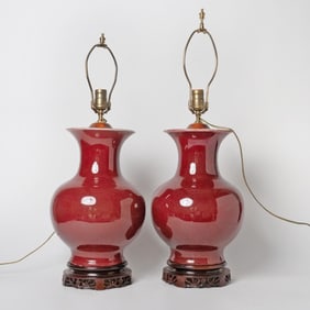 Pair of Chinese Sang de Boeuf Glazed Porcelain Lamps