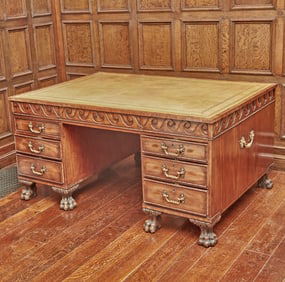 George III Style Leather-Inset Mahogany Partner's Pedestal Desk