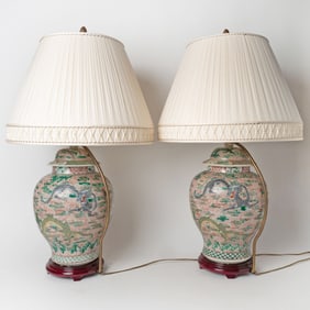 Pair of Chinese Famille Verte Porcelain Jars Mounted as Lamps