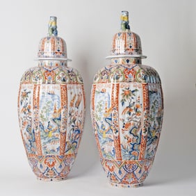Pair of French Polychrome Delftware Vases and Covers, Retailed by Tiffany