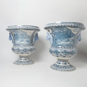 Pair of Gien Blue and White Faience Footed Urns