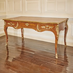 Louis XV Gilt-Bronze Mounted Gilt-Tooled Brown Leather Lined Amaranth Bureau Plat