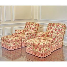Pair of Upholstered Lounge Chairs and Ottomans