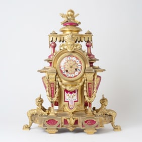 French Sevres Style Gilt-Bronze and Red Ground Porcelain Mantle Clock