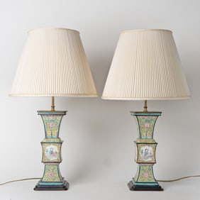 Pair of Chinese Canton Enamel Vases Mounted as Table Lamps