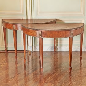 Pair of George III Style Parcel-Gilt Walnut Demilune Console Tables