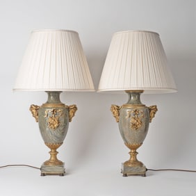 Pair of Louis XVI Style Gilt-Metal and Green Marble Table Lamps