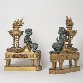 Pair of Louis XVI Style Gilt and Patinated-Bronze Chenets