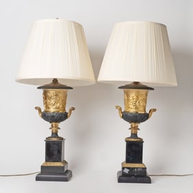 Pair of Empire Style Gilt and Patinated-Bronze Urn-Form Lamps