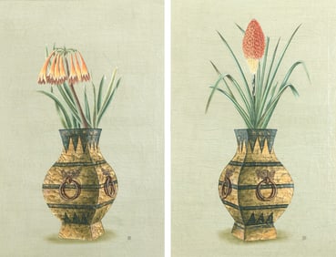 Pair of Decorative Leather Painted Panels