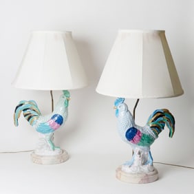 Pair of Large Herend Porcelain Green Fishnet Roosters Mounted as Lamps