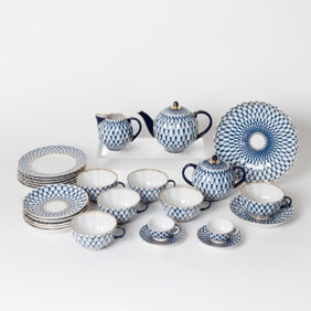 Assembled Lomonosov Porcelain "Cobalt Net" Pattern Tea Service