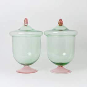 Two Large Murano Green Translucent and Gold-Flecked Pink Glass Covered Jars