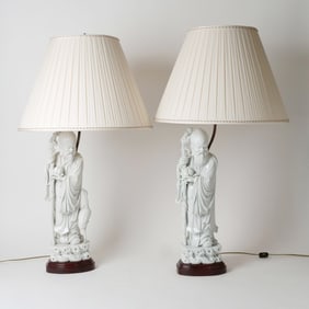Two Blanc de Chine Porcelain Figures of Shoulau Mounted as Lamps