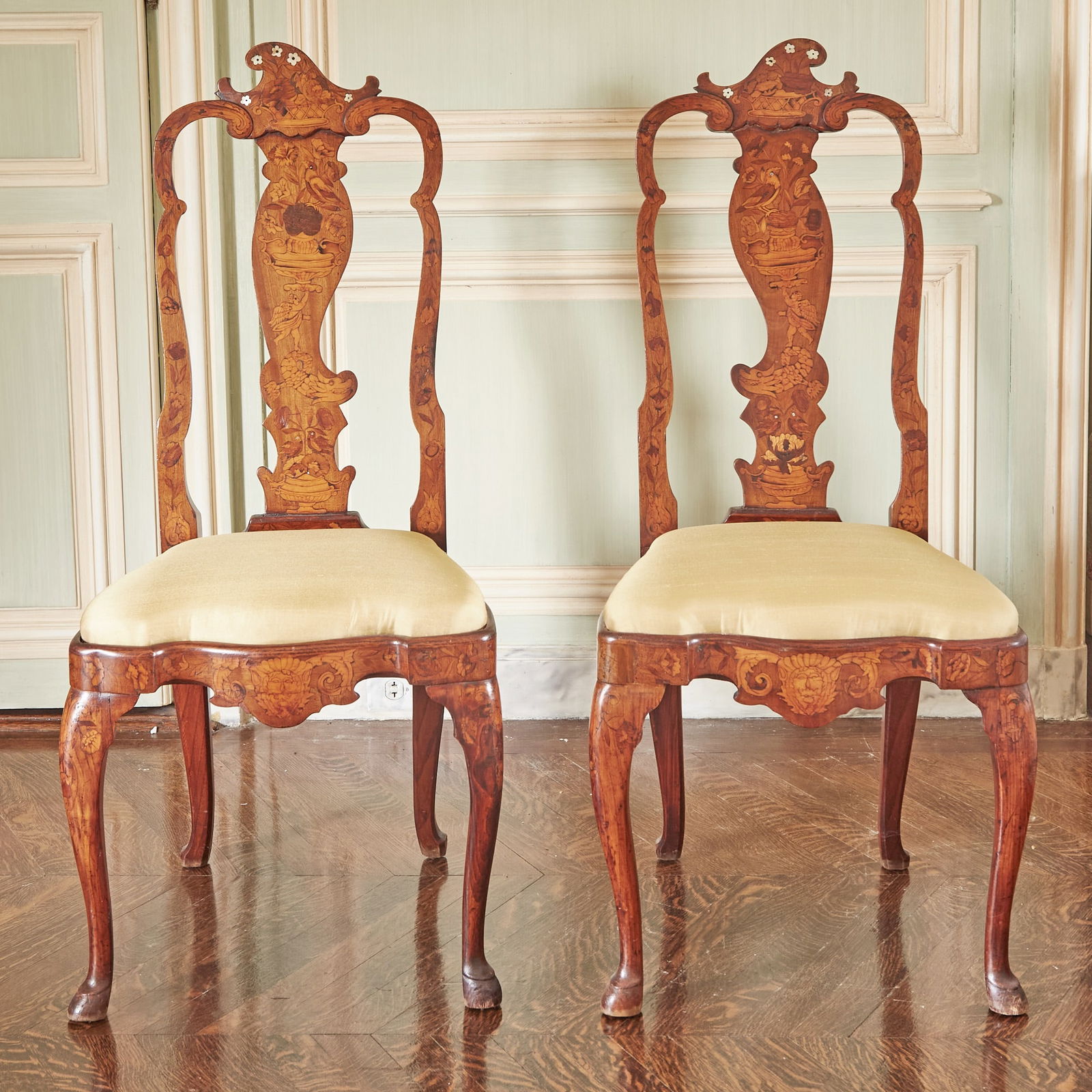 Pair of Dutch Baroque Style Marquetry Inlaid Walnut Side Chairs (1 of 3)