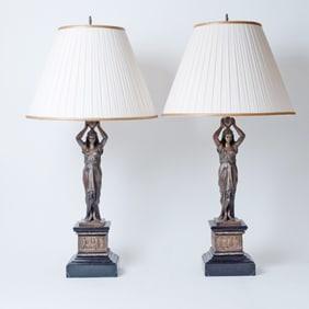 A Pair of Empire Style Patinated Bronze and Black Marble Figural Table Lamps