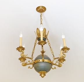 Empire Style Patinated and Gilt Bronze Six Light Fixture
